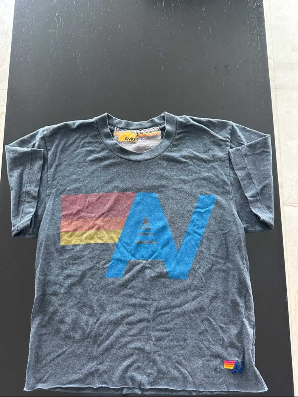 Aviator Nation Gray Vintage Wash T-Shirt with Blue Logo and Red/Yellow Stripe